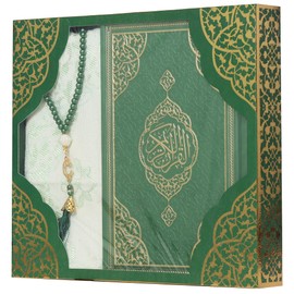 Modefa Prayer Rug Islamic Gift Set - Holy Quran in Arabic - Velvet Box with Quran and Tesbih (Green)