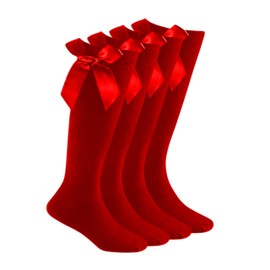 ShopMCR 2 Pairs Girls Knee High Socks with Bow Back to School Socks Cotton Rich Uniform Party Wear Comfort Fit (4-6, Red)