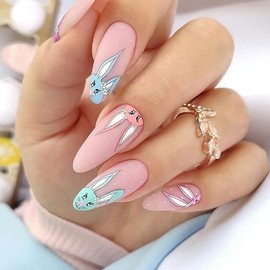 24 Pcs Easter Press on Nails Almond Pink Bunny Fake Nails Medium False Nails with Rabbit Ears Designs Full Cover Artificial Nail for Easter Day Nail Art Supplies for Women Girls