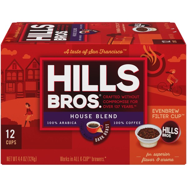 Hills Bros Coffee, House Blend Dark Roast, Single Serve Coffee Cups, 12 Count, 4.4 Oz,  (Pack of 6)