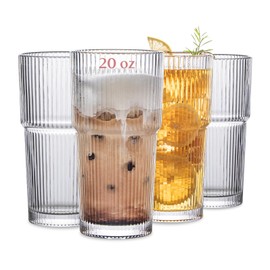 INSETLAN 20oz Ribbed Glass Tumbler Set of 4 – Large Capacity Drinking Glasses for Iced Coffee, Water, Juice, and Cocktails – Elegant Modern Glassware for Everyday Use and Special Occasions