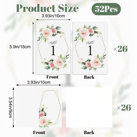URROMA 52Pcs Floral Table Number Card Set Pink Printed Head Table Card 1-25 Seat Folding Cards for Wedding Reception Bridal Party Banquets Decor