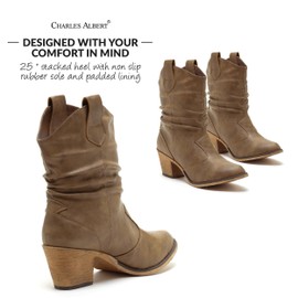 Charles Albert Modern Western Cowboy Boots for Women Ladies Stacked Heel Ankle Cowgirl Boots with Pull-Up Tabs in Mocha Size 7