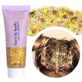 MEICOLY Gold Body Glitter,Face Glitter Gel,Mermaid Sequins Liquid Holographic,Face Eye Lip Hair Music Festival Rave Accessories Makeup,Sparkling Body Glitter Gel for Women,50ml