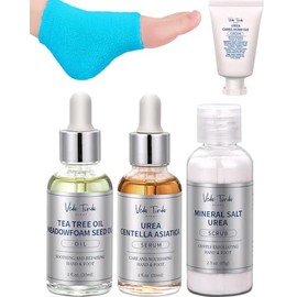 Kit de cuidado de pies - Aceite de árbol de té, crema de urea 40%, exfoliante de sal, suero, calcetines de talón | Adecuado para hombres y mujeres con