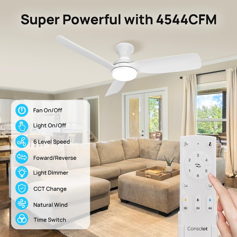 Consciot Ceiling Fan, Ceiling Fan With Lights Remote Control, 44
