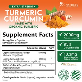 Turmeric Curcumin Supplement 2000mg - Nature's Joint & Immune Support, Organic Tumeric & BioPerine Black Pepper for Best Absorption with 95% Curcuminoids, Vegan, Non-GMO, Bottled USA - 360 Capsules