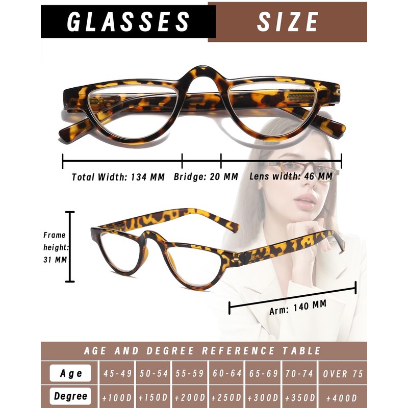 Hubeye 3 Pairs Plastic Retro Half Moon Frame Reading Glasses