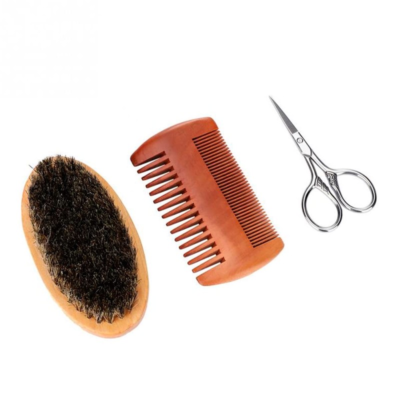 Kit 5p Cuidado De Barba Cepillo Bambú Tijera Navaja Brocha