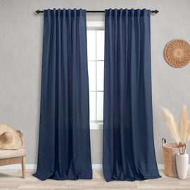 KOUFALL Navy Blue Curtains 84 Inch Length for Living Room Linen Back Tab Semi Sheer Curtains for Bedroom 84 Inches Long,Dark Blue Midnight