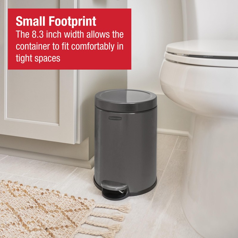 Rubbermaid Stainless Steel Round Step-On Trash Can, 1.6-Gallon, Charcoal, Wastebasket