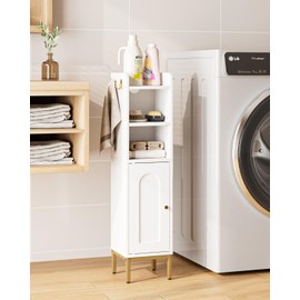 AEPOALUA Bathroom Storage Cabinet, Small Corner Floor Hutch with Door and Adjustable Shelves, Narrow Toilet Paper Cabinet with Two Hooks, Bathroom Organizer for Small Spaces