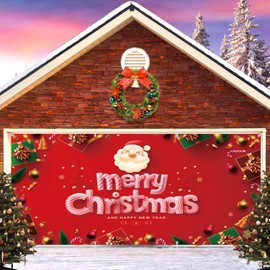Christmas Garage Door Cover Decorations Banner Backdrop,Snow Santa Claus Holiday Garage Door Cover Banner, 2 Car Christmas Garage Door Cover for Outdoor Holiday Decorations Large 7x16ft