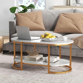 Tangkula Modern Coffee Table, 39” Oval Center Table w/White Faux Marble Top & Gold Finished Metal Frame, 2-Tier Tea Cocktail Table for Living Room Reception (Modern, White, 39 Inch)