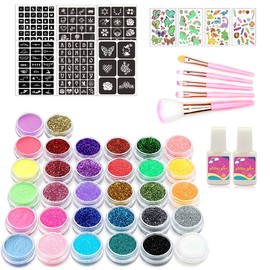 HEITIGN Glitter Tattoo Set 32 ​​Color Temporal Glitter Tattoo Kit de Maquillaje para Niños Adultos Body Glitter Art para Carnaval Fiesta de Cumpleaños