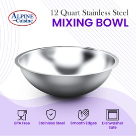 Alpine Cuisine 12-Quart Stainless Steel Kitchen Mixing Bowls, Salad Bowls Heavy Duty Deeper Edge, Dishwasher Safe Storage Bowls, Premium Polished Mirror Prep Bowls for Cooking & Serving