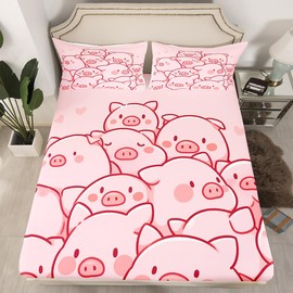 Erosebridal Kids Pig Full Size Sheet Sets Lovely Cartoon Piggy Bed Sheets Set,Girls Pink Bed Set Kawaii Farm Animal Flat Sheet Girly Room Decorative,Microfiber 4 Piece for All Season