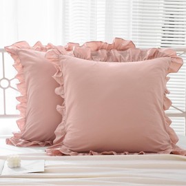 Mywinlle Ruffle Pillowcases Farmhouse Dusty Rose Throw Pillow Covers for Couch,Washed Cotton Vintage Pillow Shams for Bed, Sofa, Living Room -20"x20"