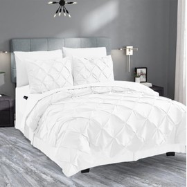 Valerian 8-Piece Pinch Pleated Comforter Set, Bed-in-a-Bag Silky Soft Set Includes Sheet Set with Storage Pockets, 8PC Pinch Pleated Comforter F/Q, White