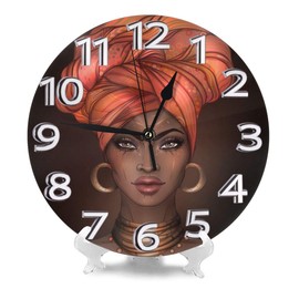 Abucaky African American Woman Wall Clock Battery Operated Silent Non Ticking Round Clock Beautiful Portrait Wall Decor for Women‘ Bedroom, Living Room, Office, School 9.8 Inch