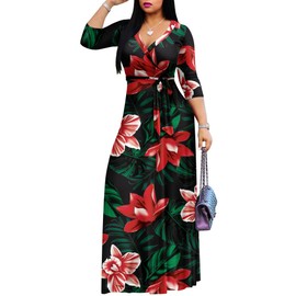 AOMONI Womens Maxi Flower Print Casual 3/4 Sleeve V-Neck Wrap Tie Waist Long Dress Red Flower Leaf XX-Large