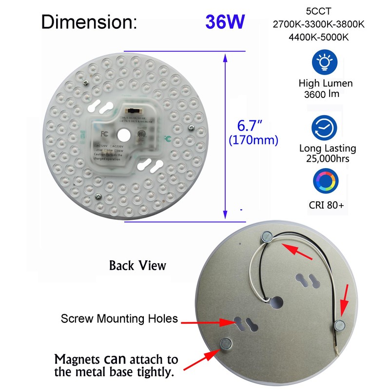 36W 5CCT Dimmable LED Ceiling Fan Flush Mount Light Engine