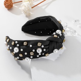 Pearl Knotted Headband for Women Pearl Crystal Embellished Hairband Fashion Elegant Ladies Wide Bride Headband Bachelorette Party Hair Accessories (Black, One size)