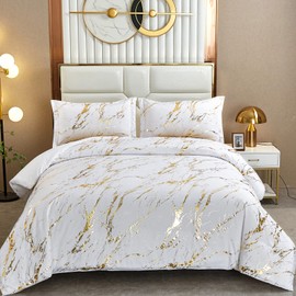 White Gold Metallic Marble Christmas Comforter Set King Foil Print Glitter Bedding Sets with 2 Pillowcases for All Seasons, Soft Microfiber Filling Bedding Duvet Set 103"x90"