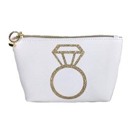 Tri-Coastal Design Bridal Gold-Tone Glitter Cosmetic Case, White Synthetic Leather Makeup Bag, Travel Zipper Pouch for Women