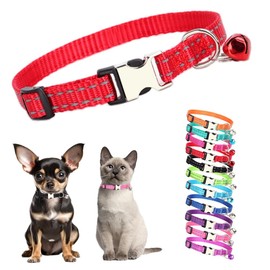 Red Cat Collar with Bells,Reflective Dog Collar with Bells Metal Buckle Girl Female Nylon Puppy Collar with Bells for XXS XS Tiny Little Kitten Boy Pet Dogs, 7.5-11 Inch