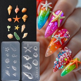 JFIYUOMCI 2PCS Ocean Nail Molds, Silicone Nail Art Molds, Sea Life Nails Art Design - Shell, Starfish, Palm Tree, Carving Template Nail Charms Stamps for Women Summer DIY Resin Manicure Supplies