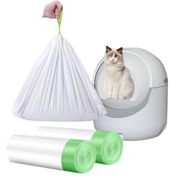 40 Count Cat Drawstring Litter Box Liners 26.6x16.7 inches 2Mils Super Thick White Cat Litter Waste Bags Poop Bags for Self-Cleaning Litter Box Cat Litter Pan Trays(Green Drawstring 40 count)