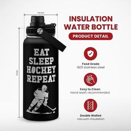 Ice Hockey Insulated Engraved Stainless Steel Water Bottle 32oz, Vacuum Chug Lid Travel Tumbler For Men Friends Hockey Lovers Fans Coaches, Gift for Birthday Christmas