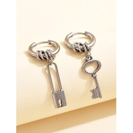 Lock and Key Hoop Earrings – Asymmetrical Punk Dangle Earrings, Silver Tone Stainless Steel Gothic stylish Jewelry Gift 2025 for Women Men (Silver)