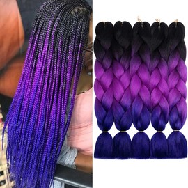 AIDUSA Ombre Braiding Hair Puprle Braiding Hair Extensions 5pcs Synthetic 24 Inch 3 Tone Jumbo Braiding Hair Black to Purple Crochet Braiding Hair 100g (#49 Black to Purple)