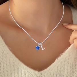 Tibond Silver Initial Necklace for Women Girls, Dainty Blue Heart Birthstone Jewellery Simple Necklace Gifts for Friendship Sister Daughter Mum Colleague on Birthday Christmas (L)