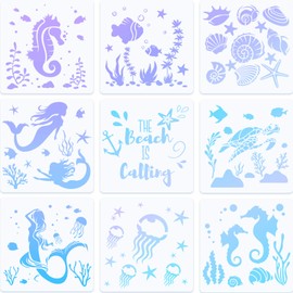 9 Pieces Sea Creatures Stencils 8 Inch Mermaid Seahorse Jellyfish Stencil Templates Ocean Animal Painting Stencils for DIY Cards Making Scrapbook Wall Floor Wood Fabric Painting