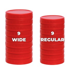 Jumterlee 18 Pack Plastic Mason Jar Lids with Silicone Rings,9 Colors to Choose,9 Wide Mouth & 9 Regular Mouth Mason Jar Lids,Plastic Canning Lids, Fit Ball,Kerr and More (Red)