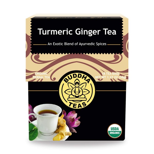 Buddha Teas Organic Turmeric Ginger Tea, 18 Bleach Tea Bags – Caffeine Free, Antioxidant, Antiviral, and Anti-Inflammatory, Immune Boosting Tea. Supports Digestion, No GMOs