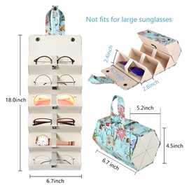 MEGREZ 6 Slots Sunglasses Organizer Box, PU Leather Foldable Eyeglasses Case, Portable Sunglasses Case for Multiple Glasses, Sunglasses Holder for Travel, Blue-Flowers