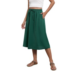 Witsmile Women's Boho Elastic High Waist A Line Skirt Below Knee Swing Beach Midi Skirt with Pockets(Dark Green,S)