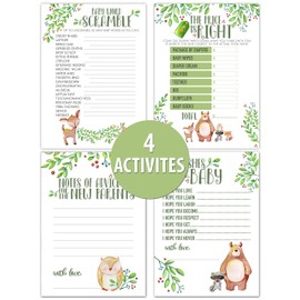 Woodland Creatures Baby Shower Game Bundle | 40 Cards - 4 Baby Shower Activities | Price Is Right | Word Unscramble | Notes of Advice | Wishes for Baby