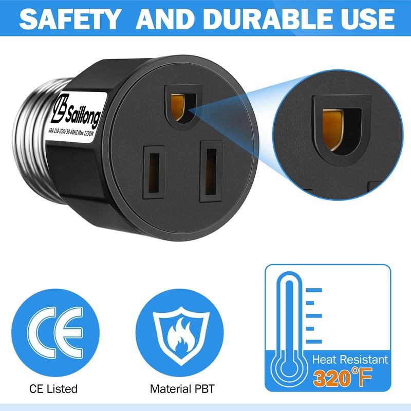 2 Pack Light Socket to Plug Adapter, Flame Retardant Light
