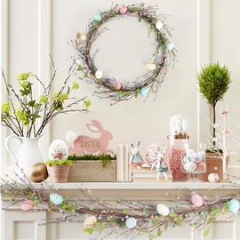 Guirnalda de Pascua para repisa, guirnalda de huevos iluminados de 6 pies, hermosa pieza central de mesa, coloridas guirnaldas de huevos y bayas para decoraciones de Pascua.