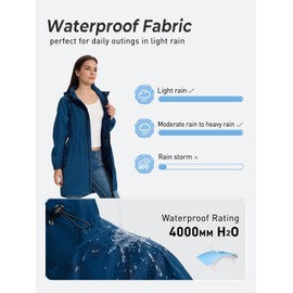 SaphiRose Women's Long Packable Raincoat Waterproof Rain Jacket Lightweight Outdoor Windbreaker with Hood (Blue,L)