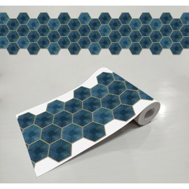 WallDesign Teal Blue Hexagon Self-Adhesive Tile Stickers for Cupboard, Panel, Cabinet, Furniture, Table, Glass, Wall - 6.25 in X 10 Ft Border