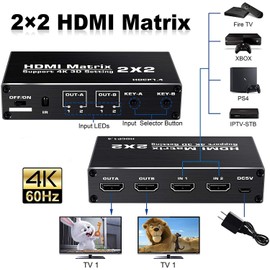 IVIVTOR 4K HDMI Matrix 2x2-2 in 2 Out HDMI 2.0 Switch Matrix Splitter Switch Box with IR Remote Control Supports Ultra 4K@60Hz, YUV 4:2:0, HDCP 1.4