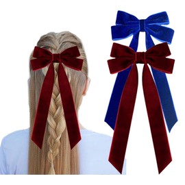 2Pcs Velvet Hair Bows Ribbon for Women Big Fall Alligator Clips Bowknot Hair Ponytail Holder Accessories for Women Girls Toddlers Teens Kids (Dark blue+Wine Red)
