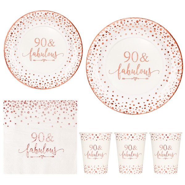 Crisky Rose Gold Foil 90 Fabulous Napkins Plates Cups Set for Women 90th Birthday Party Decorations Supplies, Disposable Tableware Set of 24 (9" Plates, 7" Plates, Luncheon Napkins, 9oz Cups)