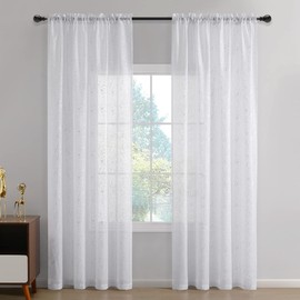 Kotile Silver White Net Curtains - Metallic Glitter Silver Foil Dots White Voile Curtains 90 Inch Drop, Rod Pocket Privacy Sheer Curtains for Bedroom, W66 x D90 Inch, 2 Panels, Silver White